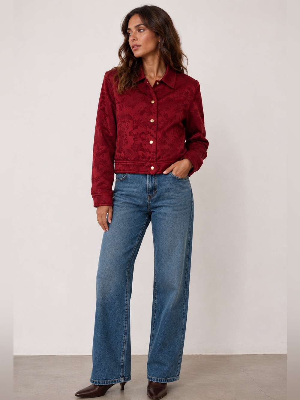Zara Burgundy Red Floral Jacquard Cropped Bomber Jacket with Gold Snap Buttons